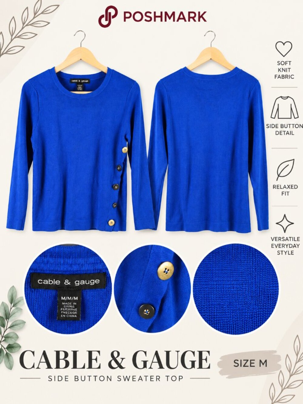 Cable & Gauge Royal Blue Side Button Knit Sweater Size M